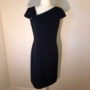 Tahari navy asymmetric neckline dress